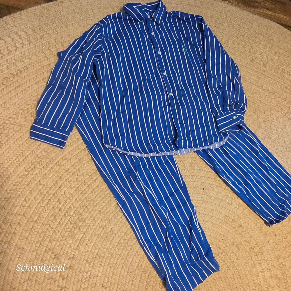 Lauren Ralph Lauren Pajama Set XL Blue White Stripe Button Top Pants Set - Picture 8 of 11